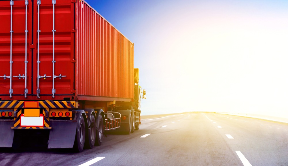 Truck,On,Highway,Road,With,Red,Container,,Transportation,Concept.,import,export,Logistic